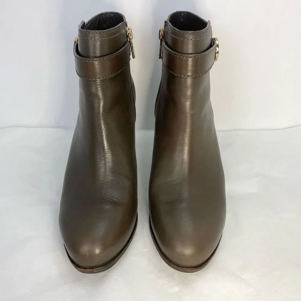 🫒Tory Burch Olive Brown Leather Ankle Booties with Gold Logo